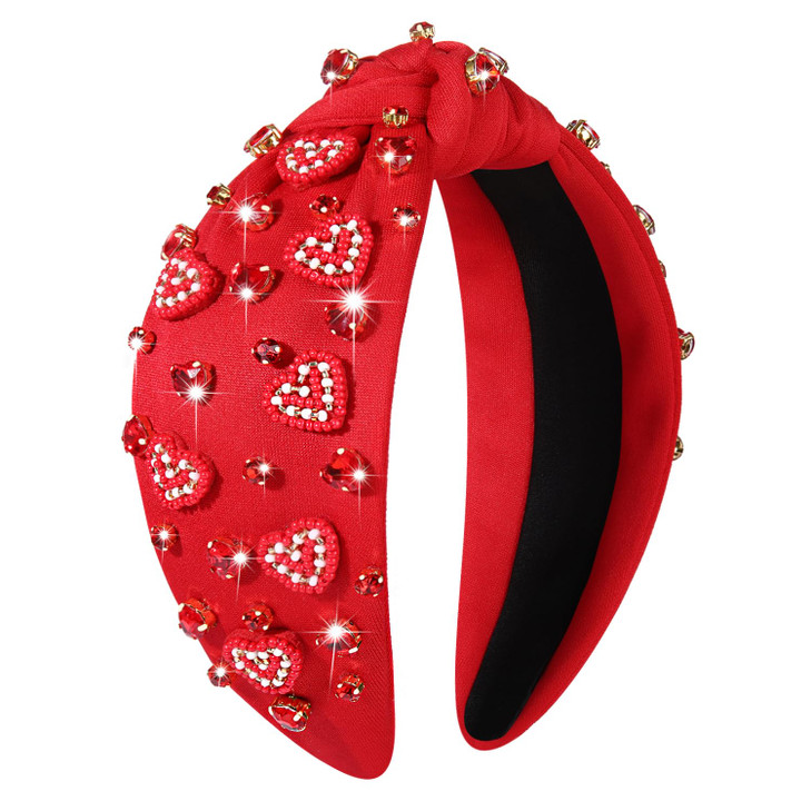 YAHPERN Valentines Day Headband for Women Red Pink Heart Knotted Headband Jeweled Rhinestone Crystal Wide Top Knot Hairb