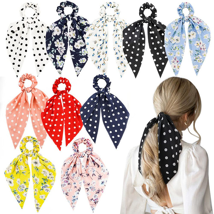 NAIHOD 10Pcs Floral Chiffon Ribbon Polka Dots Scrunchies Cute Bowknot Ponytail Holders and Elastic Hair Bands for Girls