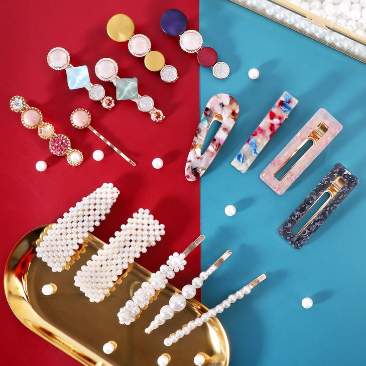 28 PCS Hingwah Pearls and Acrylic Resin Hair Clips Handmade Hair Barrettes Marble Alligator bobby pins Glitter Crystal G