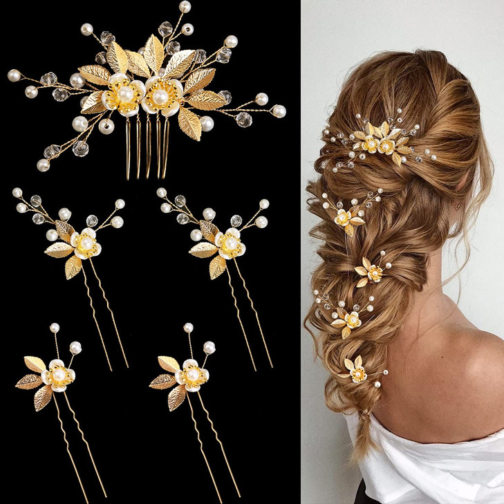 5 Pieces Gold Leaf Hair Pins Flower Pearl Hair Forks Bridal Hair Clips Headpiece Vintage Wedding Hair Accessories for Wo