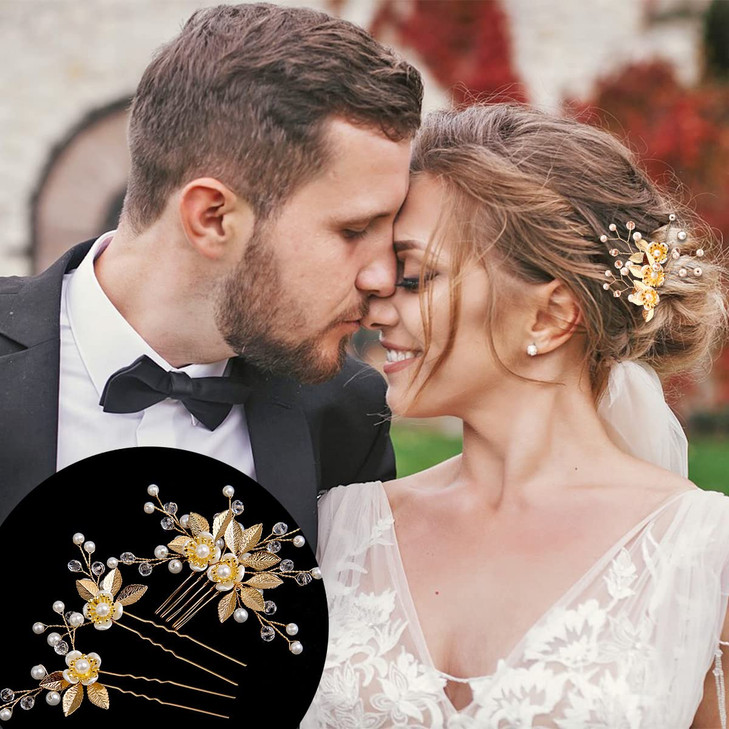 5 Pieces Gold Leaf Hair Pins Flower Pearl Hair Forks Bridal Hair Clips Headpiece Vintage Wedding Hair Accessories for Wo