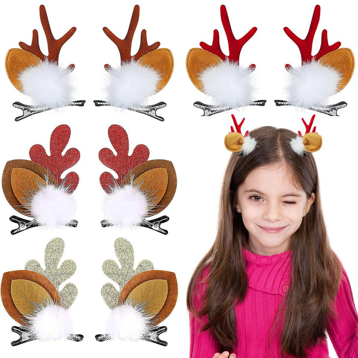 8 Pieces Christmas Hair Clips Cute Reindeer Antlers Ears Clips Glitter Hair Accessories for Women Girls Christmas Party