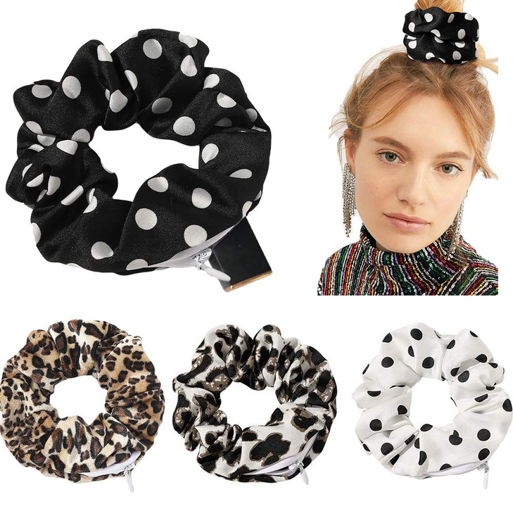 Velvet Dots Leopard Scrunchies with Zipper Pouch and Secret Pocket for Hair Ties Ropes and VSCO Girl Stuff 4 Pcs