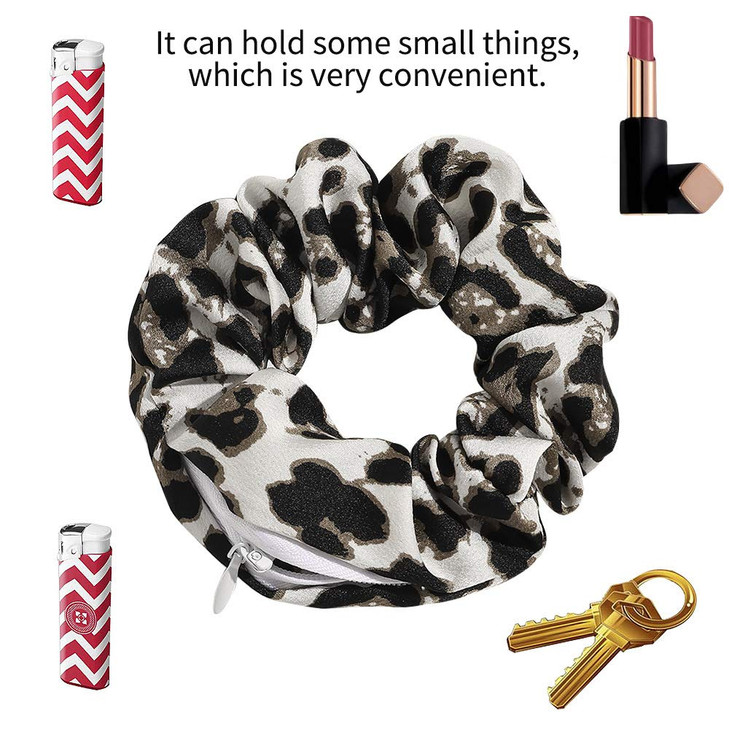 Velvet Dots Leopard Scrunchies with Zipper Pouch and Secret Pocket for Hair Ties Ropes and VSCO Girl Stuff 4 Pcs