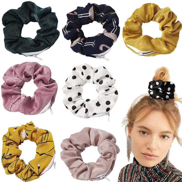 DINPREY Chiffon Dots Hair Scrunchie with zipper pouch 7 Pcs Bright colors Hair Ties for Vsco Girl Stuff Soft Stash Flora