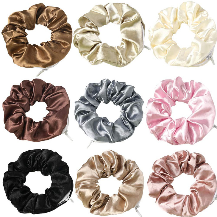 DINPREY Womens Premium Silk Scrunchies with Zipper Pouch 9 Pcs Hair Ties Ropes Secret Zipper Hidden Pocket Scrunchies Ti
