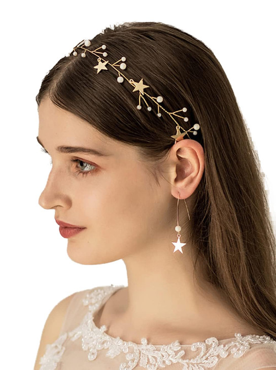 JWICOS Star Hairband Earrings Set Gold Princess Wedding Hair Accessories Handmade Barrette Beads Headpiece for Women and
