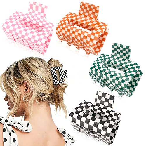 Ahoney 4 Pack Checkered Hair Claw Clips for Thin Hair Y2k Hair Accessories 2 Small Hair Clips for Thick Hair Cute Hair C