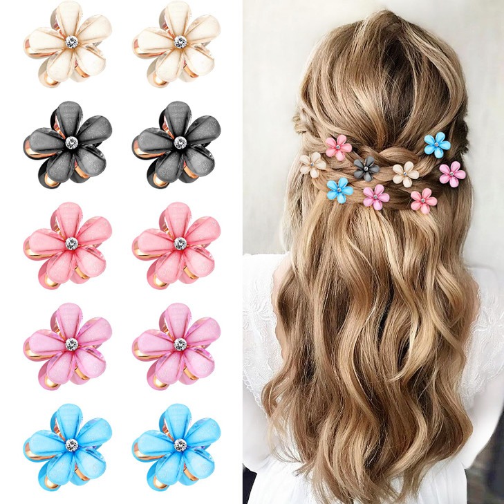 Paderison 10Pcs Flower Hair Clips for Girls Small Hair Claw Clips Mini Flower Hair Clips with Crystal Cute Metal Claw Cl