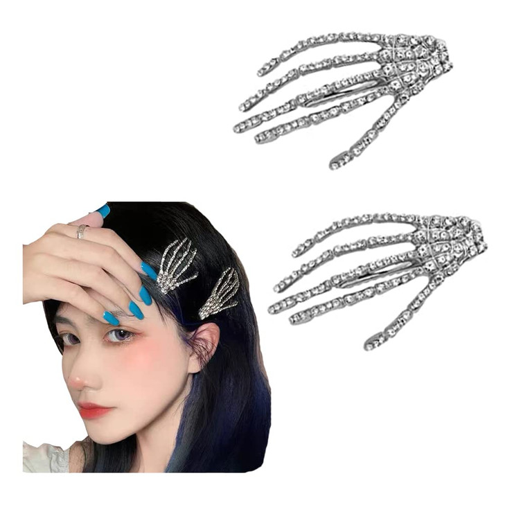 ZAHSY Hair Clip Rhinestone Skeleton Hand 2 Count Halloween Hair Accessories for Women Girls Silver Skull Hand Hair Clips