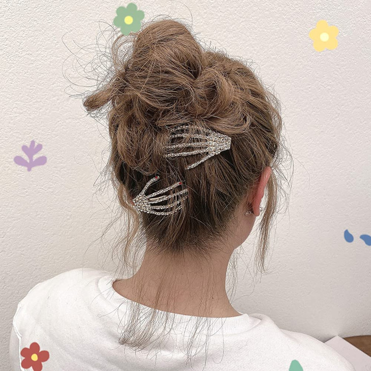 ZAHSY Hair Clip Rhinestone Skeleton Hand 2 Count Halloween Hair Accessories for Women Girls Silver Skull Hand Hair Clips