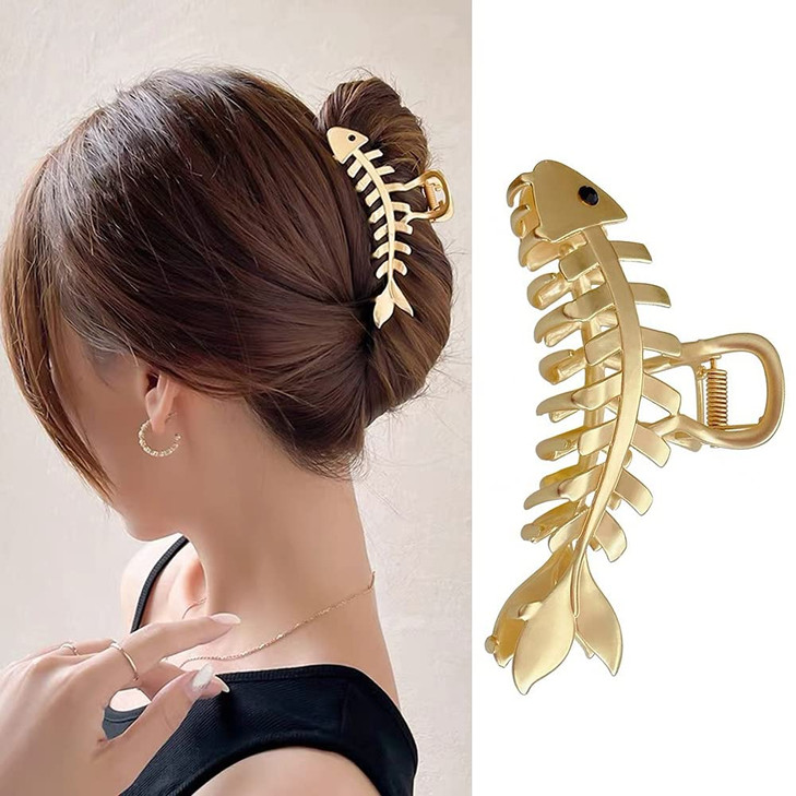 Hair Jaw Claw Clips Fish Bone Shape Large Metal Gold Fashion Nonslip Hairpin Catch Clip Accessories for ThickThin Hair H