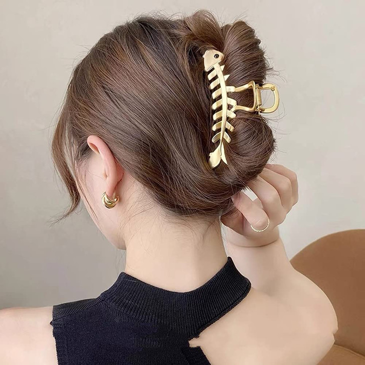 Hair Jaw Claw Clips Fish Bone Shape Large Metal Gold Fashion Nonslip Hairpin Catch Clip Accessories for ThickThin Hair H