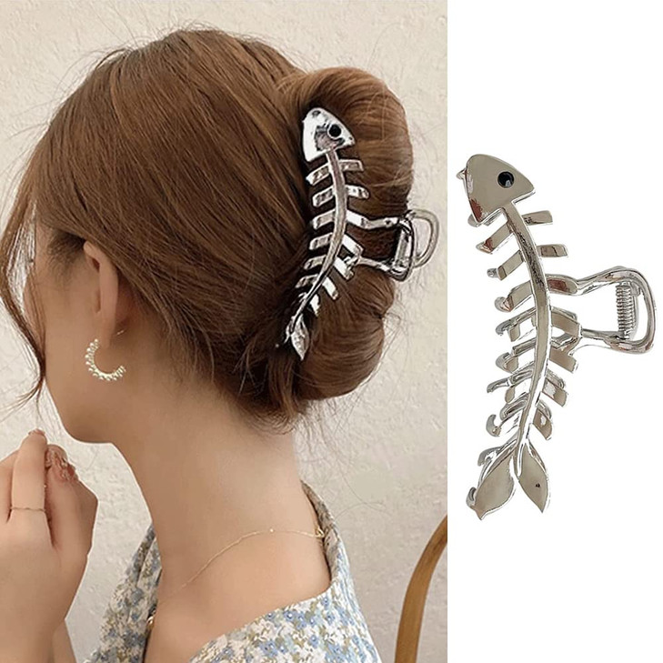 Hair Jaw Claw Clips Fish Bone Shape Large Metal Gold Fashion Nonslip Hairpin Catch Clip Accessories for ThickThin Hair H