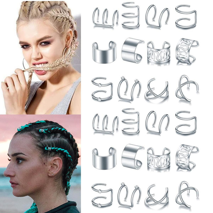 24 Pcs Silver Hair Braids Dreadlock with Crystal Rhinestone NonPiercing Ear Clip Beard Beads Cuffs Clip Hair for Women M