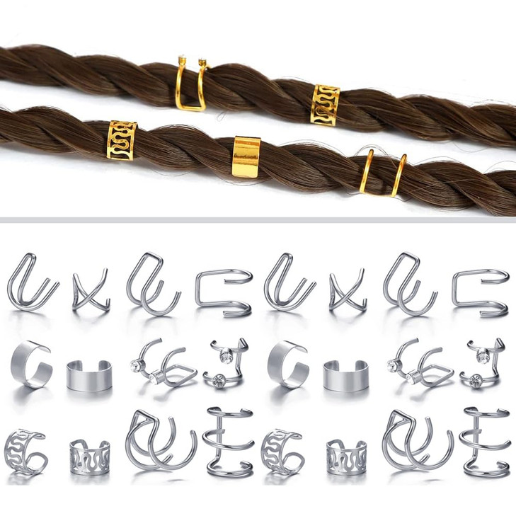 24 Pcs Silver Hair Braids Dreadlock with Crystal Rhinestone NonPiercing Ear Clip Beard Beads Cuffs Clip Hair for Women M
