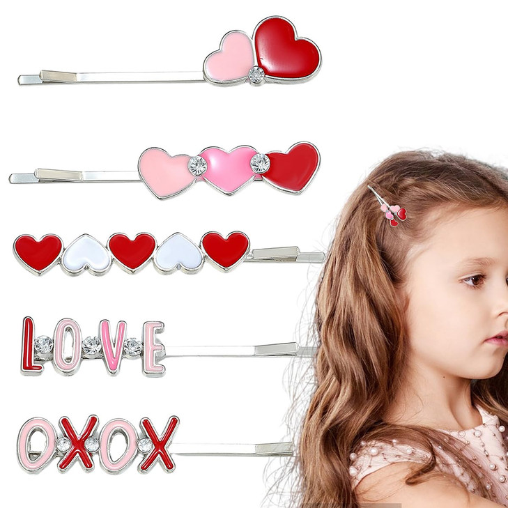 5PCS Valentine Bobby Pins Red Sweet Love Heart Hair Barrettes Pink Heart Hairpins for Women Enamel Glitter Rhinestone Lo