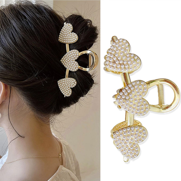 Pearls Heart Hair Clips Valentines Day Hair Accessories for Women Girls Pearl Gold Metal Hair Claw Clips Shiny Hearts Ha