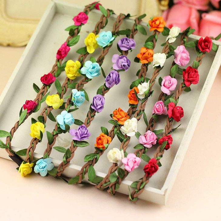 Onwon 8 Pieces Multicolor Bohemian Floral Headbands with Elastic Ribbon Rose Crown Hair Accessories for Women Girls