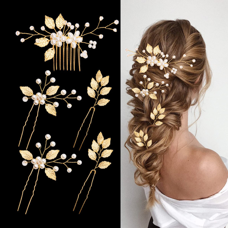 5 Pieces Bridal Hair Pins Gold Leaf Rhinestone Pearl Clips Headpiece Vintage Accessories for Brides Bridesmaids Flower G
