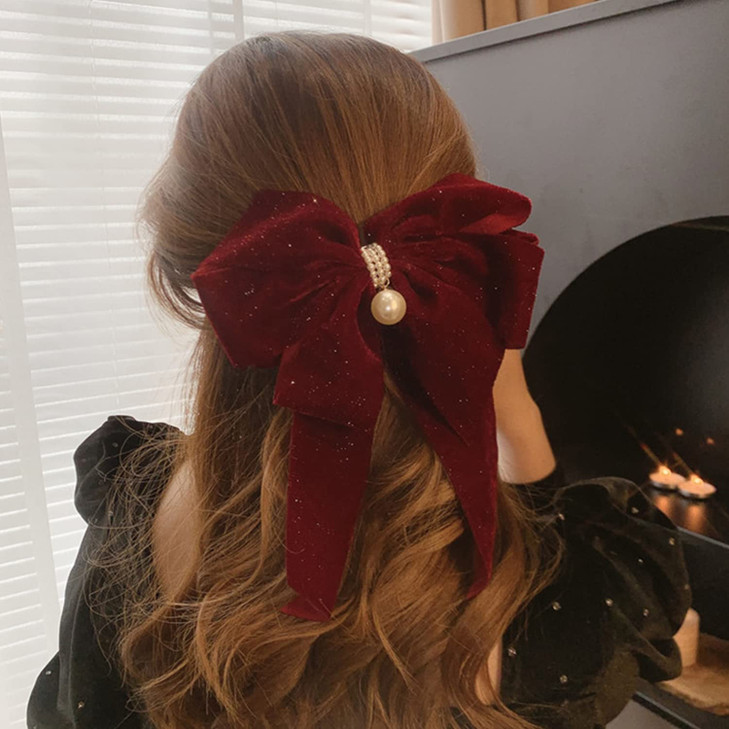 Wekicici Big Soft Bow Hair Clips with Pearl Barrettes Accessories for Women Girls Red