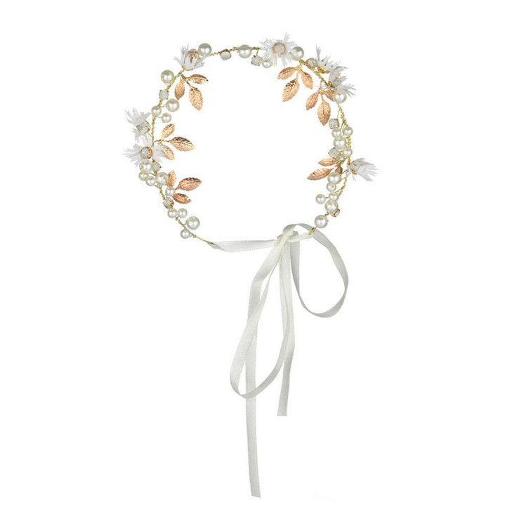 Flower Girl Headpiece White Little Daisy Gold Leaf Faux Pearls Rhinestone Floral Leaves Hair Accessories Girls Bridal Pa