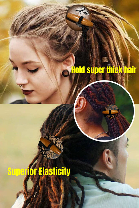 Nutty Natte 3 Pcs Knotted Elastic Hair Ties for Dreadlocks Thick Hair Extra Long Rubber Ponytail Holders Wood Carved Tog