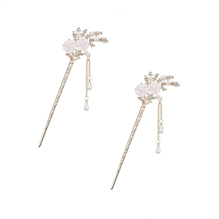 Beetoo Rhinestone Pearl Flower Hair Stick 2PC Chinese Tassel Hairpins Vintage Crystal Pearl Hair Stick Headdress Pearls