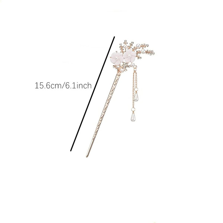 Beetoo Rhinestone Pearl Flower Hair Stick 2PC Chinese Tassel Hairpins Vintage Crystal Pearl Hair Stick Headdress Pearls
