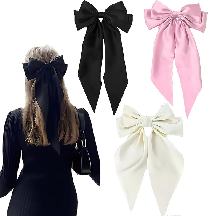 Large Bow Hair Clips with Bowknot Tassels 3 Pcs Hair Barrettes for Women and Girls Black Pink Beige