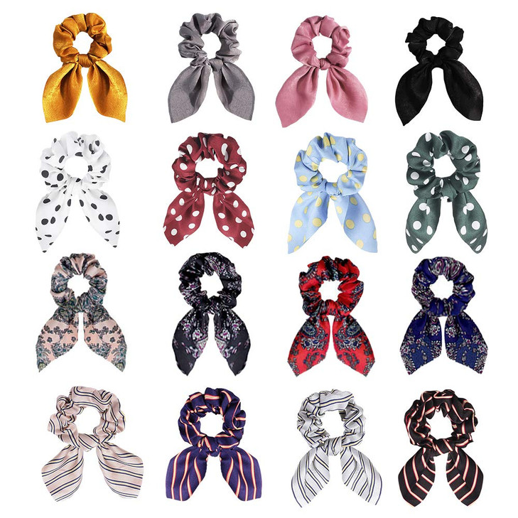 DINPREY Solid Colors Hair Scrunchies with Dotted Striped Floral 16 Pcs Satin Unisex All Ages Cute Bunny Ears Bowknot Pon