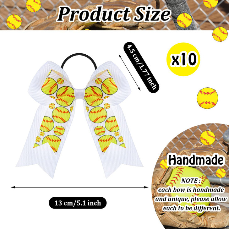 10 Pcs Softball Hair Bows Double Layers Softball Hair Bows with White Ribbon Softball Gifts for Girls Softball Accessori