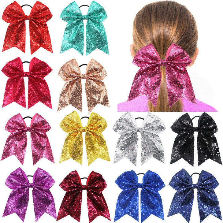 CLLOT 12PCS 8 Sequin Glitter Cheer Bows Large Sparkly Cheer Hair Bows for Girls Cheerleading Team Sports Competition Che