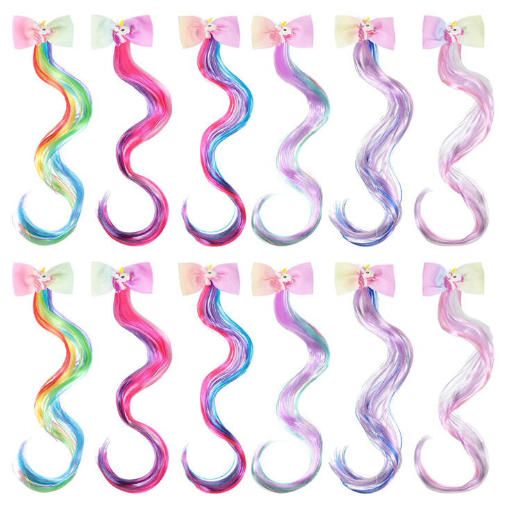 MTLEE 12 Pcs Unicorn Hair Extensions Clips for Girls Rainbow Colorful Bows Curly Hair Extensions Clips Cute Unicorn Acce