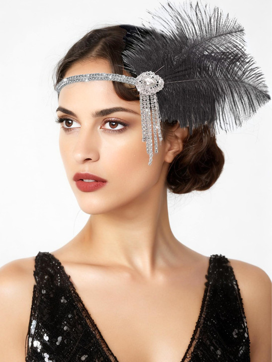 NAISKA 1920s Flapper Feather Headbands for Women Roaring 20s Great Gatsby Rhinestone Headpiece Vintage Gatsby Party Hair