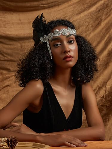 Comott 1920s Flapper Headpiece for WomenBlack Rhinestone Pearl Feather Headbands Great Gatsby Headpiece Accessoreis for