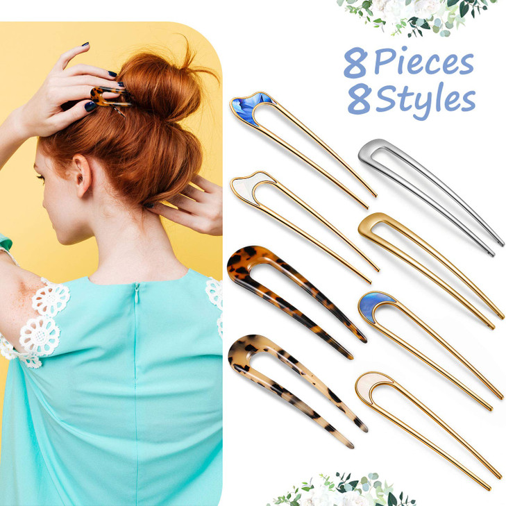 Chuangdi 8 Pcs French Hair Pins 3 Styles 2 Vintage French Pins 2 Tortoise Shell U Shaped Hair Forks 4 U Shaped Metal For