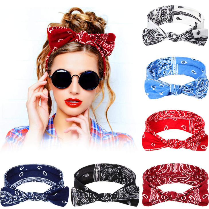 Blulu 6 Pieces Bandana Paisley Headbands Boho Bow Knot Headwrap Retro Flower Printed Elastic Rabbit Ear Hairband for Wom