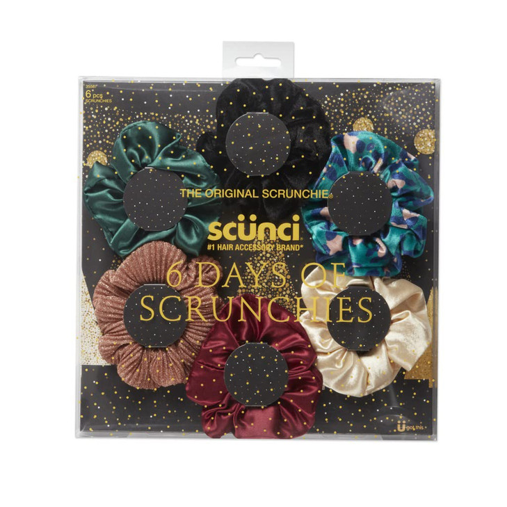 Scunci The Original Scrunchie Six Days of Scrunchies Fashion Gift Set 6 Unique Designs in Black Emerald Satin Animal Vel