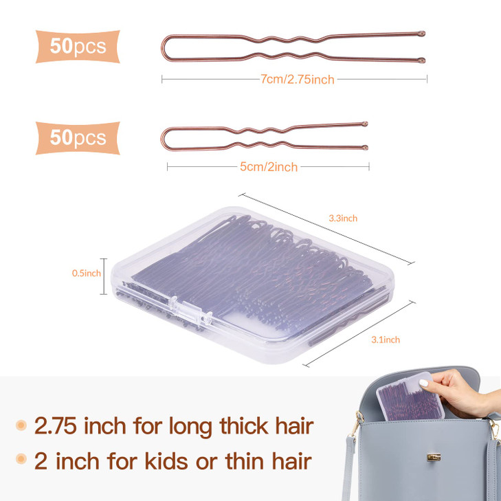 Hair Pins for Women IKOCO 2inch and 275inch U Shaped Bobby Pins with Storage Box 50Pcs of each size Brown