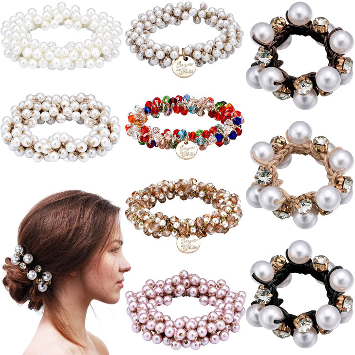 Yinder 9 Pcs Hair Accessories for Women Christmas Gift Pearl Hair Ties Crystal Elastic Ropes Scrunchies Stretchy Bead Ba