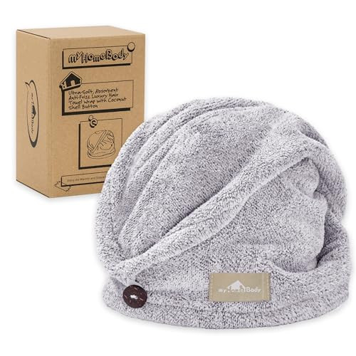 myHomeBody Hair Towel Wrap Luxury Quick Drying Turban Ultra Soft Absorbent Charcoal Fiber Cap with Coconut Shell Button