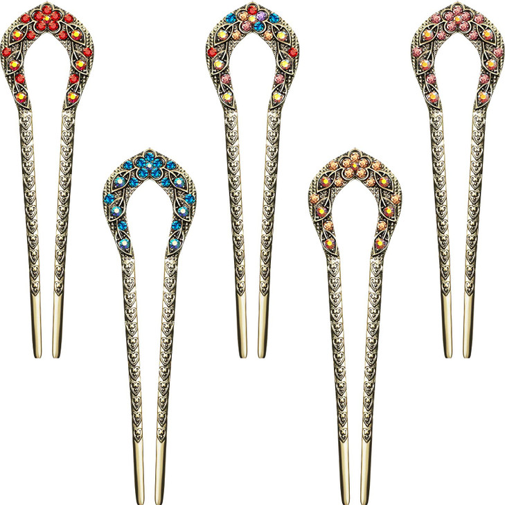 Waydress 5 Pcs Vintage Hair Fork French Hair Pin for Buns Metal Chignon Pin Chopsticks Crystal Rhinestone Double Prong H