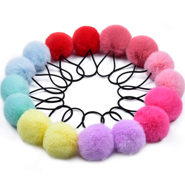 MORGLES 16pcs Pom Pom Hair Ties Fluffy Ponytail Holders for Girls Toddlers 2 inch Multicolour