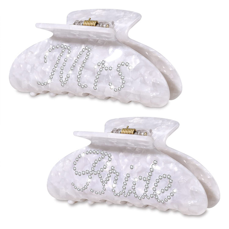 HZEYN 2 Pack Rhinestone Mrs Acetate Hair Claw Clips for Thick Hair White Bachelorette Party Favors Bridal Accessories Br
