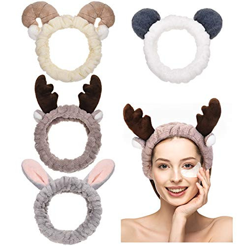 Chuangdi 4 Pcs Animal Headbands with Ears Cute Face Washing Spa Fuzzy Headband for Women Elastic Turban Hair Bands Showe