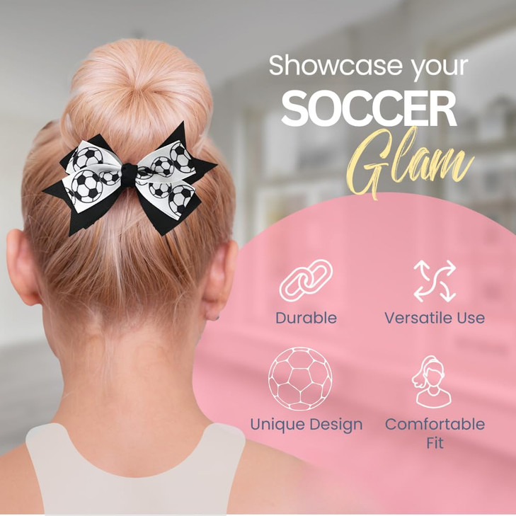Sportybella Soccer Hair Accessories Set Adorable Black and White Soccer Ball Prints Hair Bows Ponytail Holders Gift for