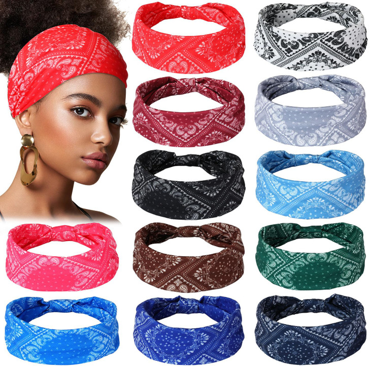 Censen 12 Pcs Assorted Bandeau Headbands Wide Elastic Boho Chiffon Headwraps for Women Hair Accessories for Yoga Running