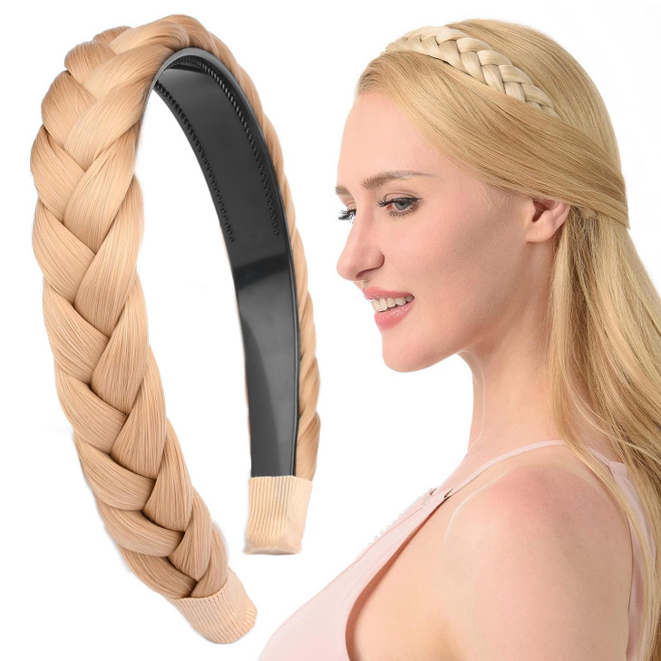 DIGUAN Width 09 inches Synthetic Hair Plaited Headband Braid With Teeth Hair Band Accessories for Women Girl Champagne B