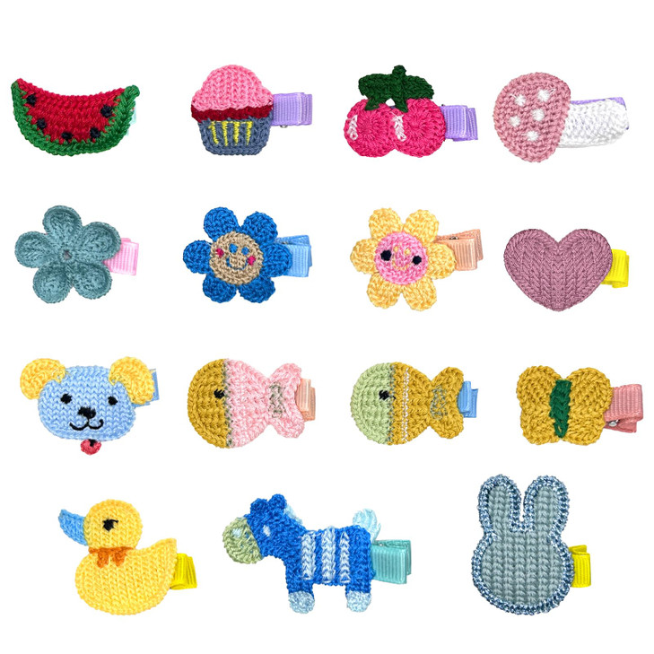 RIMOBUL 15 Pieces Girl Hair Clips Cute Barrettes Crocheted Hair Accessories Flower Fruit Animal Pattern Hair Clip Ice Cr